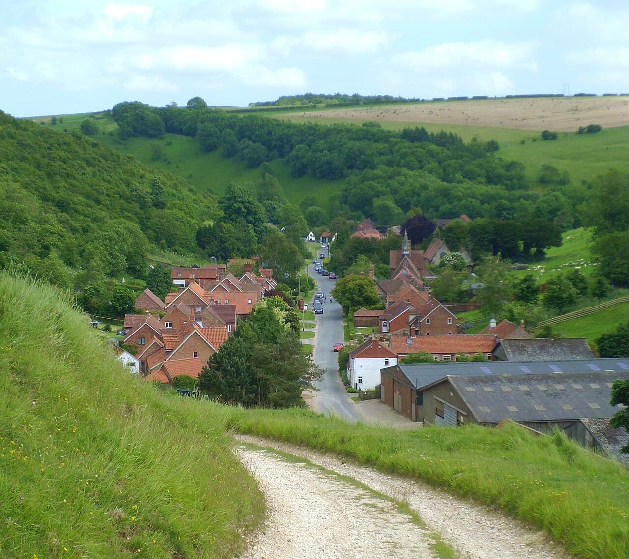 The Wolds Way descending into the village of Thixendale.